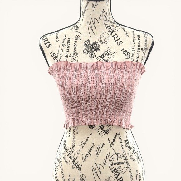 Mable Tops - Mable Smocked Tube Top Ruffle Hem Stretch Crop Boho Pink M Coquette Coachella